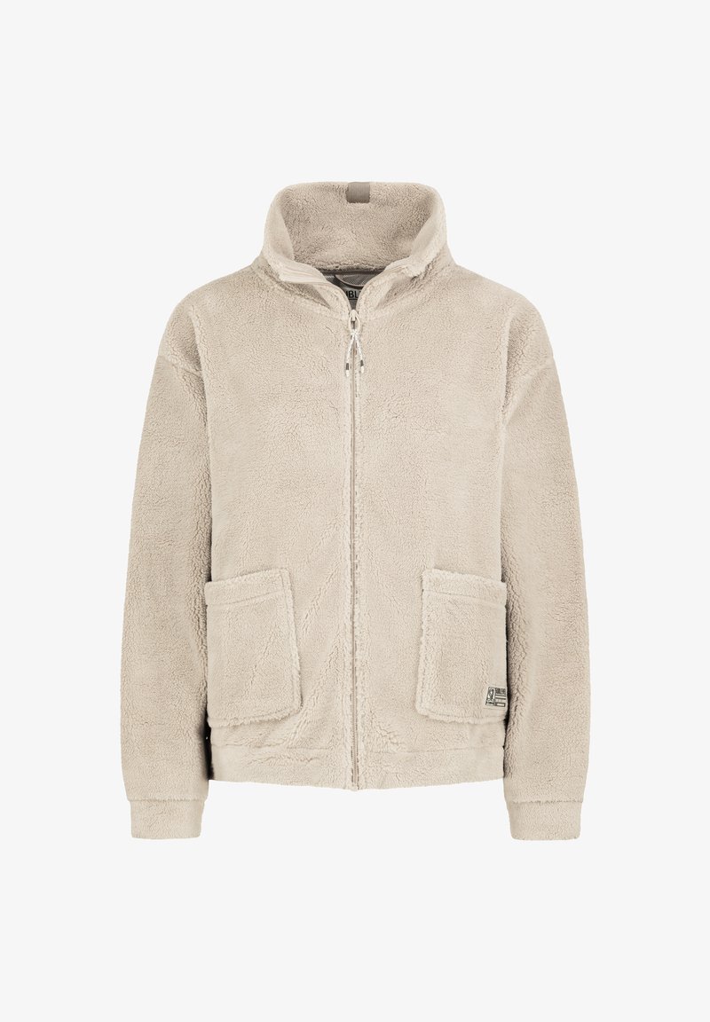 Beige Fleece-Jacke mit Reißverschluss, Stehkragen, zwei großen Fronttaschen und langen Ärmeln. Weicher, strukturierter Stoff für Wärme.