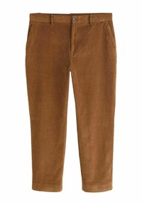 Brown corduroy pants with a smooth texture, straight-leg design, front pockets, and a front button closure.