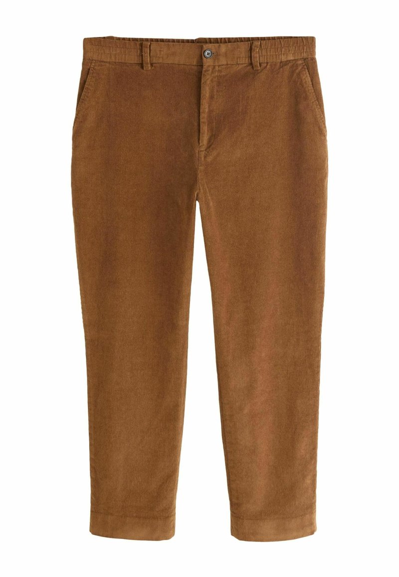 Brown corduroy pants with a smooth texture, straight-leg design, front pockets, and a front button closure.