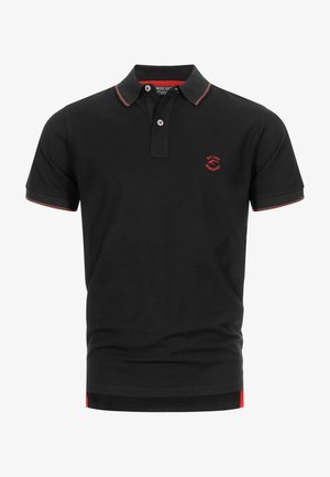 Black polo shirt made of cotton with red accents. Features a two-button placket, embroidered logo on the chest, and contrasting collar and sleeve trims.