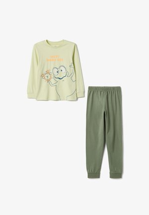 Hellgrünes langärmeliges Pyjamaoberteil mit Froschmotiv und Slogan, kombiniert mit dunkelgrünen Hosen mit elastischem Bund. Weiches Baumwollmischgewebe.