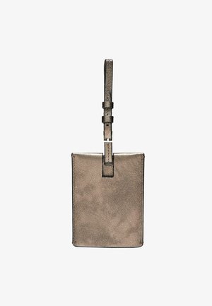 Metallic brown leather bag with a textured finish, rectangular shape, and adjustable strap featuring a buckle closure.