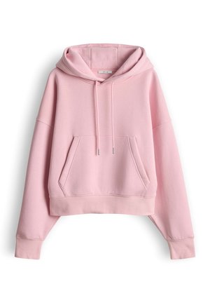 Felpa corta rosa con tasca frontale, cappuccio con coulisse e maniche larghe. Realizzata in tessuto morbido con polsini e orlo a coste.