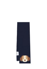 Écharpe en laine navy avec un design de visage de chien en crème, marron et noir à une extrémité. Texture douce et forme rectangulaire.