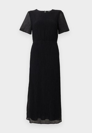 Black, knee-length dress with a textured, pleated design, short sleeves, round neckline, and a keyhole back.