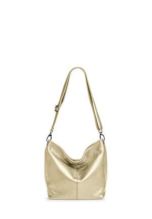 Goldene Leder-Umhängetasche mit glatter Textur, halbstrukturierter Form, verstellbarem Riemen und geschwungenem Öffnungsdesign.