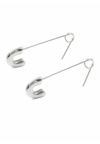 Clips de seguridad de metal plateado con un diseño curvado y abierto; superficie lisa con un acabado brillante, que presenta ejes largos y lazos circulares.