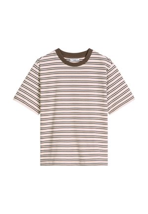 Korte mouwen T-shirt met ronde hals en horizontale strepen in bruin, beige en wit, met een effen donkerbruine kraag.