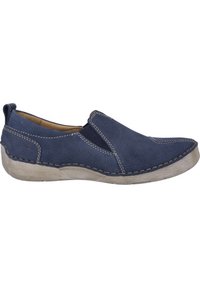 Navy slip-on shoe made from textured leather, featuring elastic side panels, a curved design, and a contrasting beige rubber sole with stitching accents.