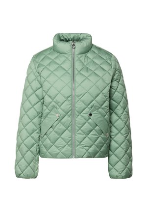 Jasnozielona pikowana kurtka puchowa ze stójką, zamkiem błyskawicznym z przodu i dwoma kieszeniami na klapy zapinanymi na napy, przedstawiona na białym tle.