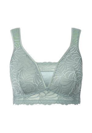 Lace bralette in soft green, featuring floral embroidery, a V-neckline, wide straps, and a scalloped hem for added detail and texture.