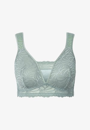 Blonde bralette i blød grøn med blomsterbroderi, V-hals, brede stropper og en bølget kant for ekstra detaljer og tekstur.