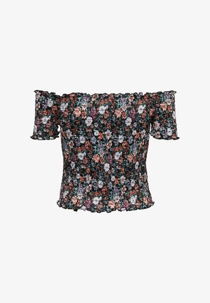 Lille lillelillelillelillelillemelse tõusmine musta põhja, millel on smocked-disain ja mitmevärvilised lilled. Lühikesed varrukad, millel on volangid.