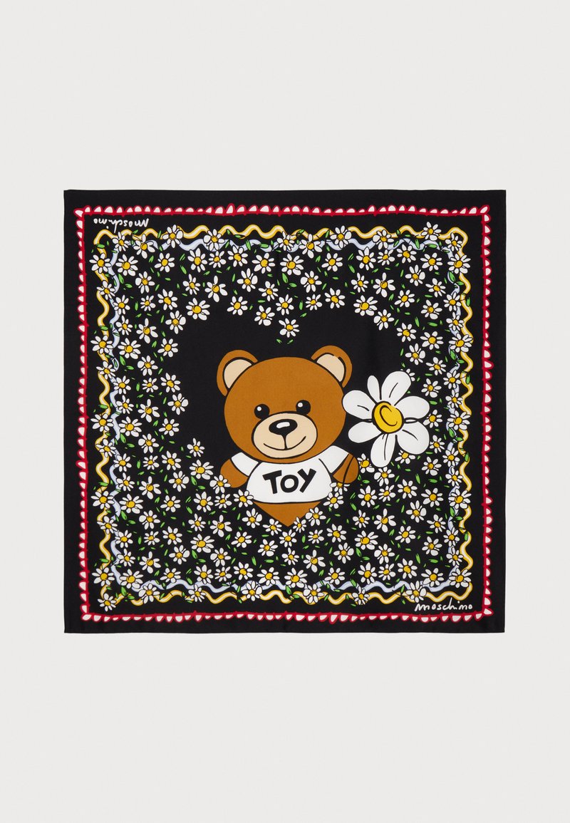 Black scarf featuring a cartoon bear with "TOY" on its shirt, surrounded by white flowers and a daisy. Edged with colorful, patterned borders.