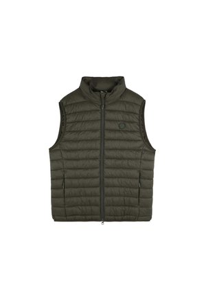 Donker olijfgroene puffer vest met een staande kraag, ritssluiting en horizontale stiksels. Beschikt over armsgaten en een logo-detail aan de voorkant.