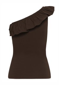 Haut marron sans manches avec une bretelle froncée dénudant une épaule et une coupe ajustée sur fond blanc.