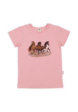 Pink children's short-sleeve t-shirt with a print of three running horses in brown shades on the front.