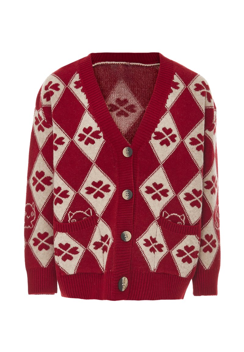 Röd och krämfärgad argyle-mönstrad kofta med V-hals, fem knappar, ribbade ärmslut och två framlommer. Mjuk stickad textur.