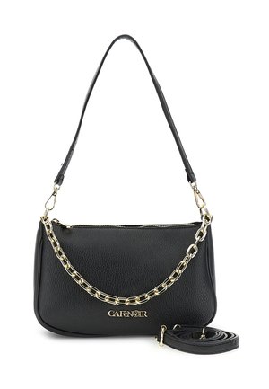 Czarna, teksturowana skórzana torba na ramię z złotym łańcuszkiem, zamkiem błyskawicznym, odpinanym długim paskiem i logo "CAFÉNOIR" z przodu.