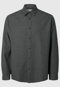 Grijze button-up shirt van textuurstof, met een puntige kraag en lange mouwen, met zwarte knopen aan de voorkant.