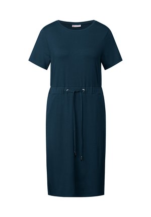Robe en jersey bleu marine à manches courtes, décolleté rond et taille élastique. Dotée d'un cordon de serrage avec des embouts en métal pour un ajustement réglable.