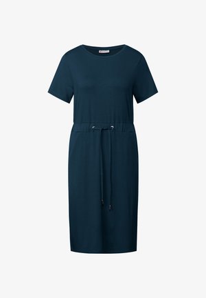Robe en jersey bleu marine à manches courtes, décolleté rond et taille élastique. Dotée d'un cordon de serrage avec des embouts en métal pour un ajustement réglable.