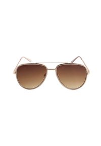 O pereche de ochelari de soare tip aviator cu o ramă metalică aurie, lentile cu gradient maro și vârfuri de templu roz deschis. Textură netedă și formă rotundă.