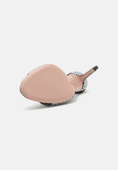 Pink patent leather heel with a black base, embellished with rhinestones along the edge. Features a tapered shape and pointed toe design.
