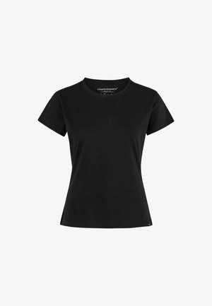 Schwarzes T-Shirt mit kurzen Ärmeln aus Baumwolle. Mit rundem Ausschnitt und klassischer Passform. Glatte Textur mit minimalen Details.