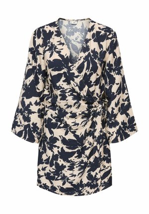 Beigefarbenes Wickelkleid mit schwarzem abstraktem Blumenmuster, langen weiten Ärmeln, V-Ausschnitt und seitlichem Bindeband.