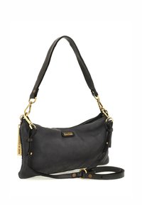Borsa a spalla nera in pelle con una forma curva. Presenta una tracolla rimovibile e accessori in tono oro. Texture liscia con una leggera lucentezza.
