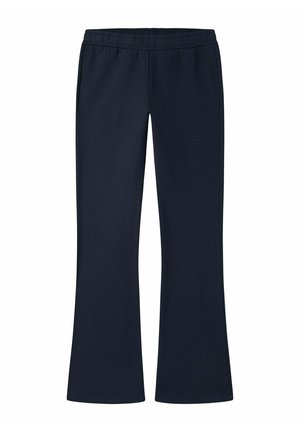 Pantalon bleu marine à jambes larges avec ceinture élastique et design simple, présenté à plat sur un fond blanc.