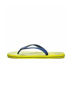 Infradito gialli con cinturini sintetici blu, plantare texturizzato e strisce nere di accentuazione. Design leggero adatto per un uso casual.