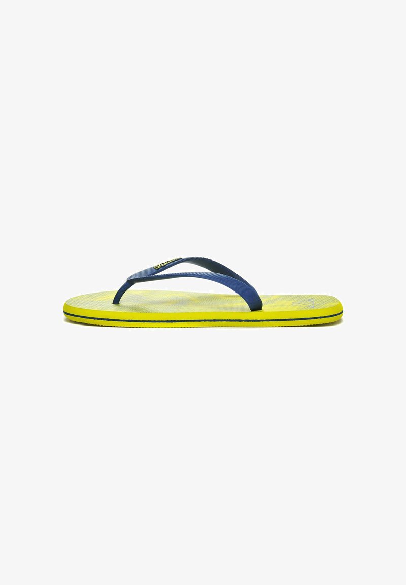 Infradito gialli con cinturini sintetici blu, plantare texturizzato e strisce nere di accentuazione. Design leggero adatto per un uso casual.