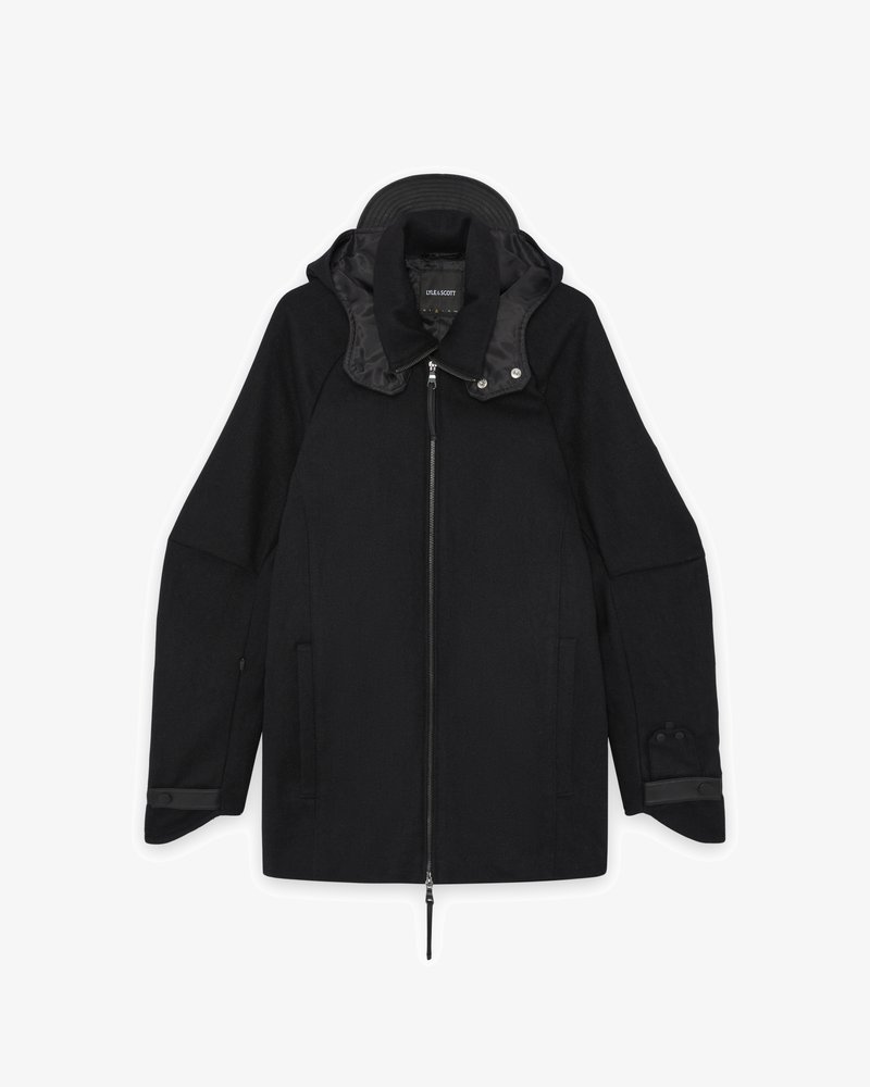 Cappotto corto bimaterico con cappuccio staccabile Cappotto corto bimaterico con cappuccio staccabile