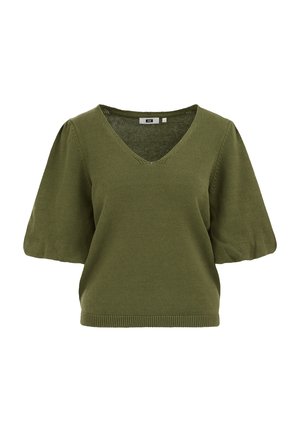 Pull en maille vert olive à manches courtes avec col en V et manches légèrement bouffantes, doté d'un ourlet et de poignets côtelés.