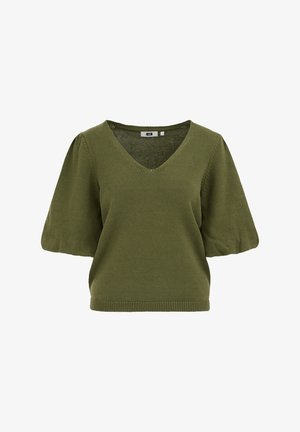 Olivgrüner Strickpullover mit kurzen Ärmeln, V-Ausschnitt und leicht aufgepufften Ärmeln, mit geripptem Saum und Bündchen.