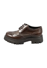 Scarpa brogue in pelle marrone con perforazioni decorative, design con lacci, suola in gomma nera spessa e finitura liscia e lucida.