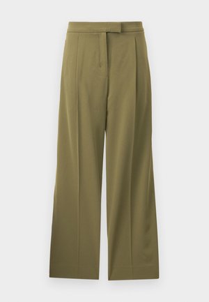 Wide-leg trousers in olive green, made from smooth material. Features a high waist with pleats and no visible hardware. Seam details present.