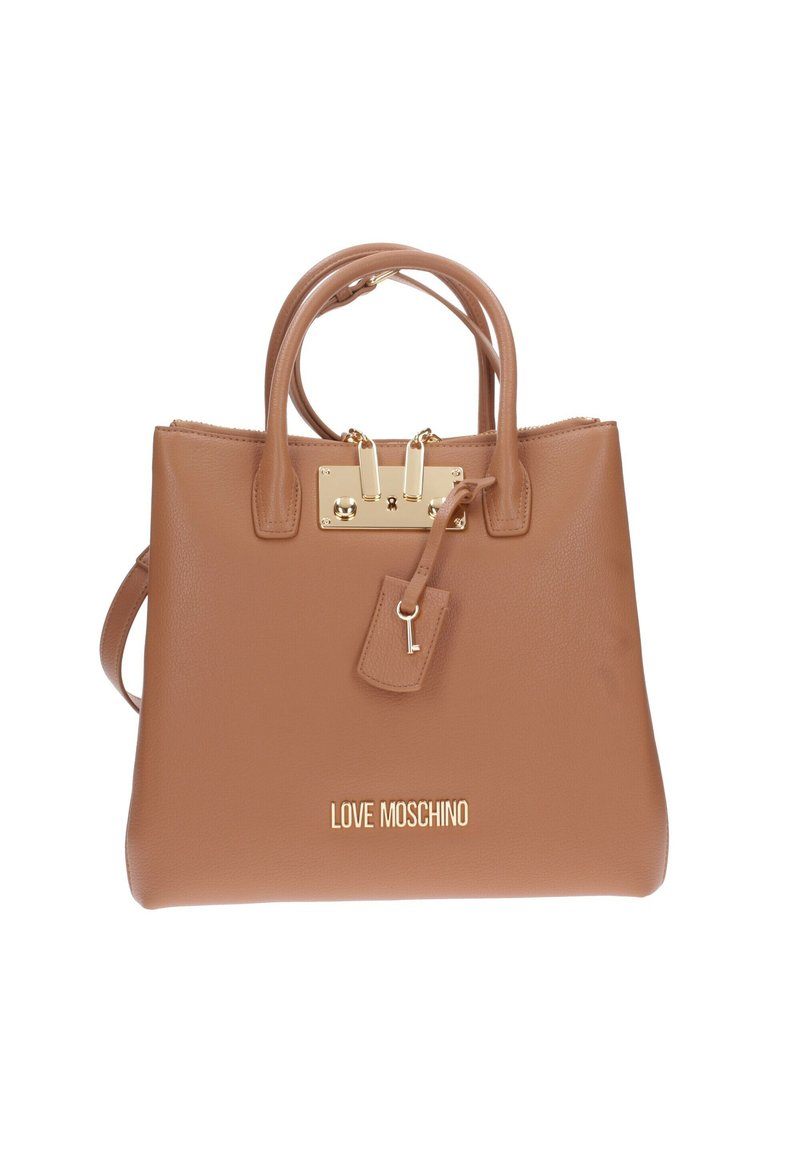 Borsa a tracolla in pelle color cuoio con manici doppi e etichetta rimovibile. Presenta accessori in oro e incisa il logo sul fondo. Chiusura superiore con cerniera.