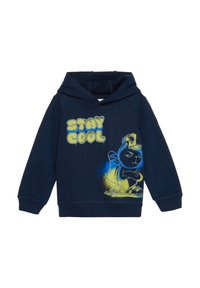 Navyfarbener Hoodie aus Baumwollmischung, der ein grafisches Design einer Katze mit Skateschuhen zeigt. Der Text lautet "STAY COOL" in Gelb und Blau.