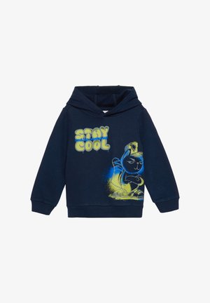 Granatowa bluza z kapturem, wykonana z mieszanki bawełny, z graficznym wzorem przedstawiającym kota w trampkach. Tekst brzmi "STAY COOL" w kolorze żółtym i niebieskim.