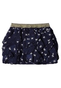 Marineblauwe gerimpelde rok met een metallic gouden tailleband, voorzien van een wit strikpatroon door de stof. Zacht, lichtgewicht materiaal.