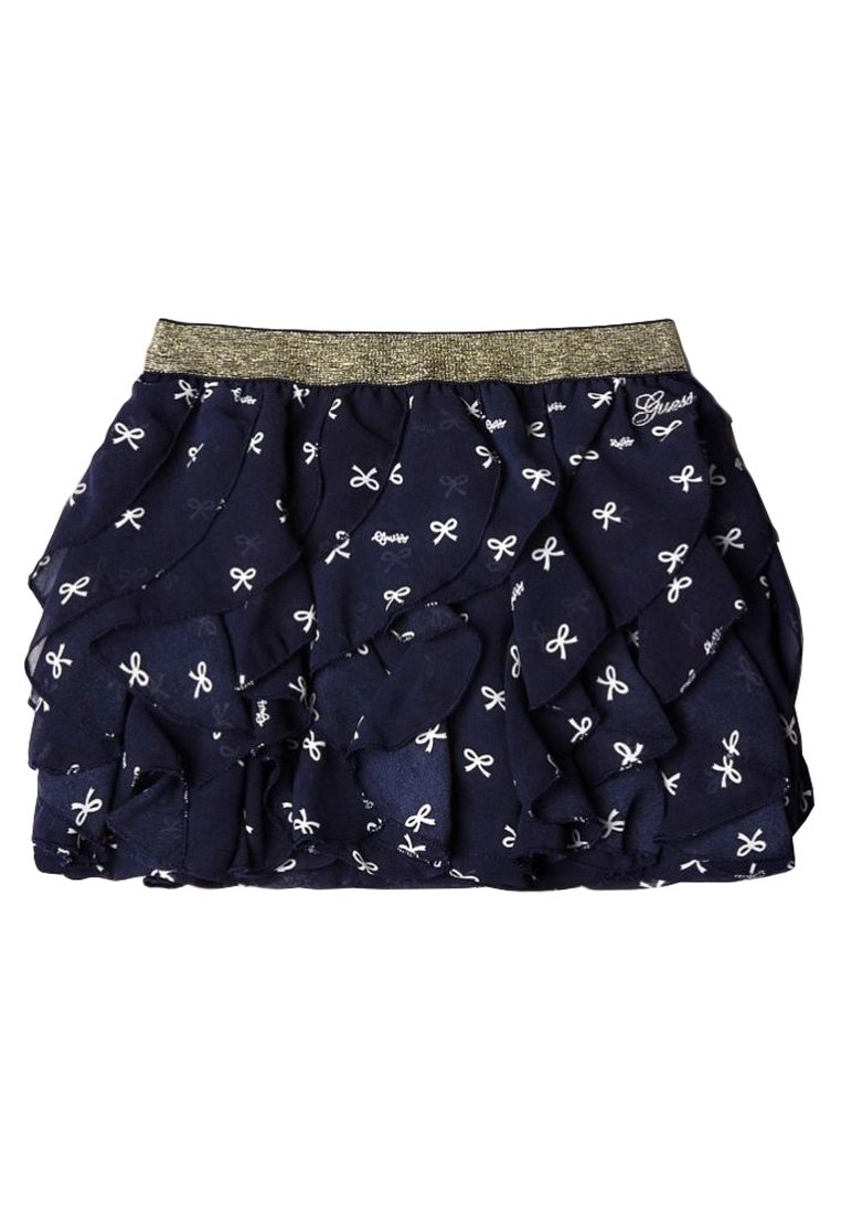 Marineblauwe gerimpelde rok met een metallic gouden tailleband, voorzien van een wit strikpatroon door de stof. Zacht, lichtgewicht materiaal.