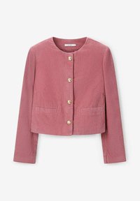 Veste en velours côtelé rose avec un col rond, des boutons dorés et deux poches avant. Elle présente un design court et un tissu texturé.
