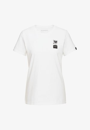 Witte katoenen t-shirt met korte mouwen, voorzien van een zwarte grafische print op het borstzakje en een zwart label aan de zijkant.