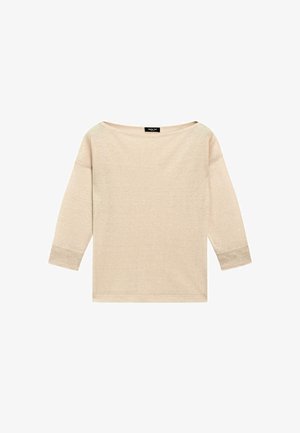 Beige lichtgewicht trui met lange mouwen, boothals en geribbelde manchetten, afgebeeld op een witte achtergrond.