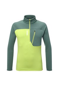 Fleece pullover in green and bright yellow. Features a high collar, front zipper, and a zippered chest pocket. Smooth texture.