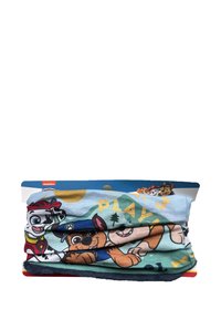 Gaiter per il collo a tema Paw Patrol, caratterizzato da colorati cani cartoni animati su un tessuto morbido ed elasticizzato con tonalità verde e blu, testo giallo e rifiniture blu.