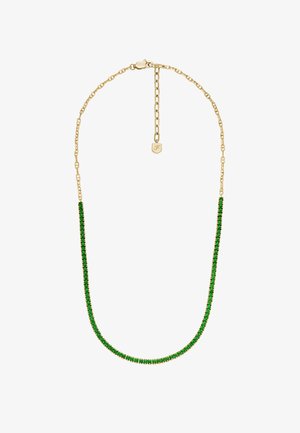 Goldene Halskette mit einer Reihe grüner Steine, die in einem geraden, schlanken Design angeordnet sind, mit einem Verschluss und verstellbarer Länge.